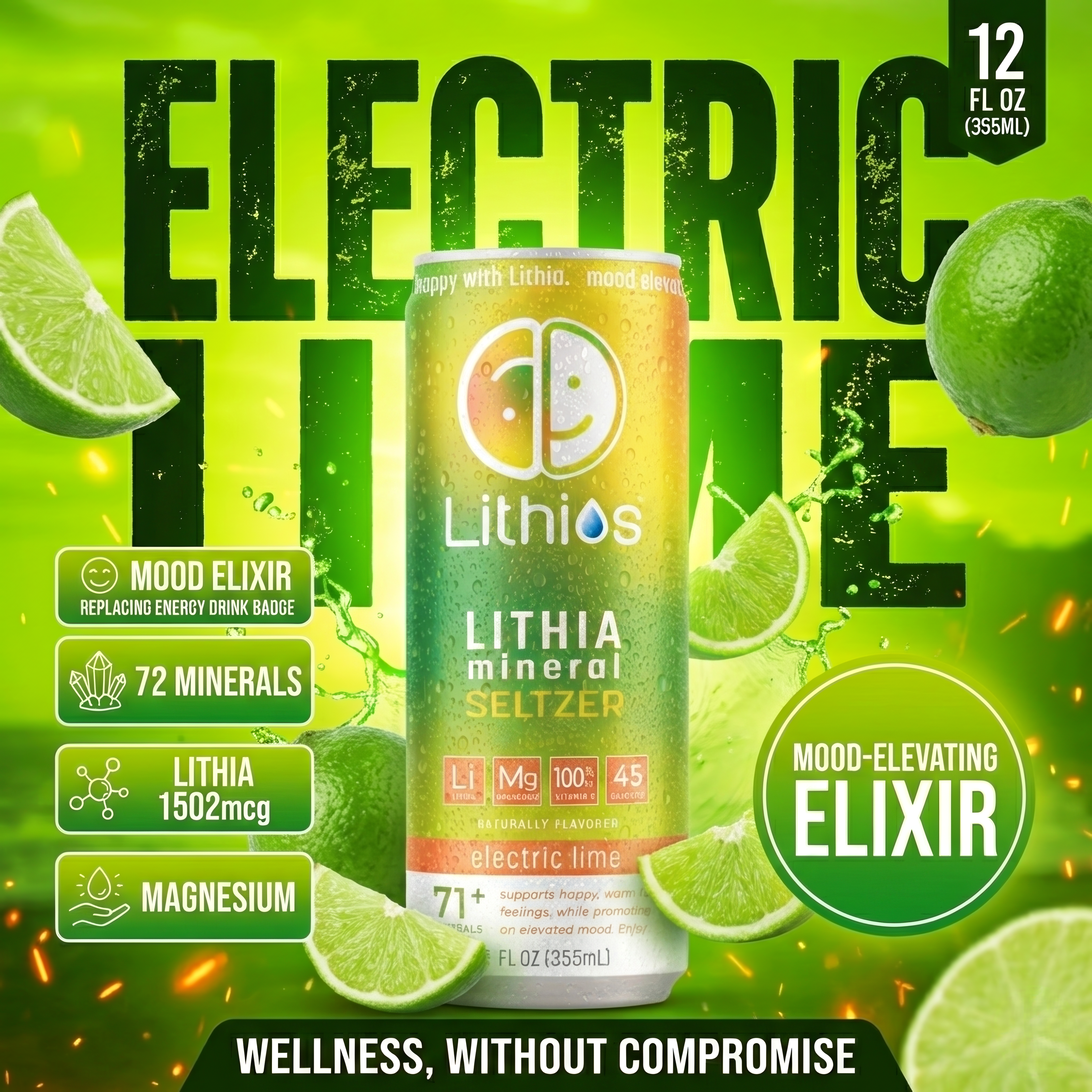 Lithios Lithia Mineral Seltzer Electric Lime